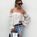 Women's White Off-Shoulder Ruffle Chiffon Cover-Up Top