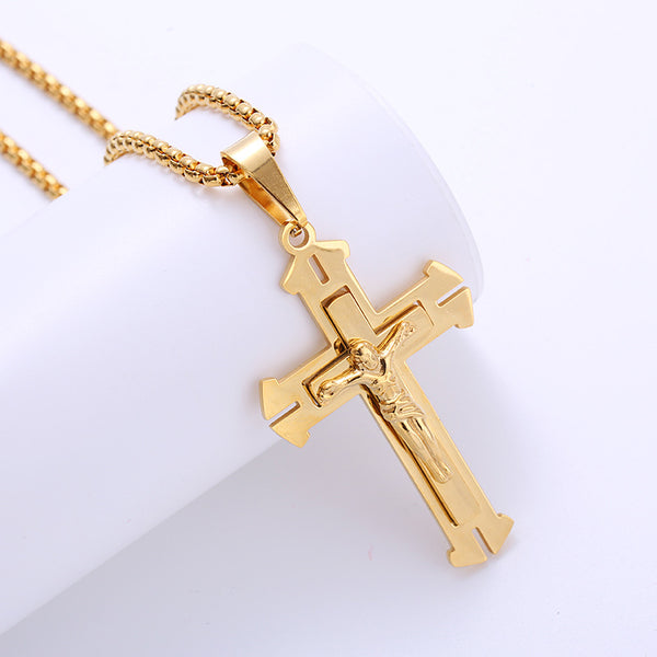 AML Vintage Stainless Steel Double Layer Jesus Cross Necklace | Christian Jewelry