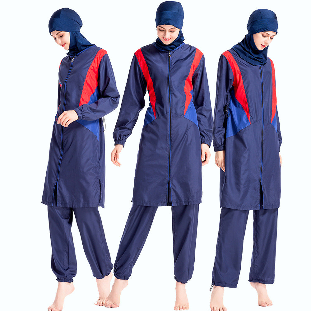 Plus Size Color Block Zip Modest Swimwear Set
