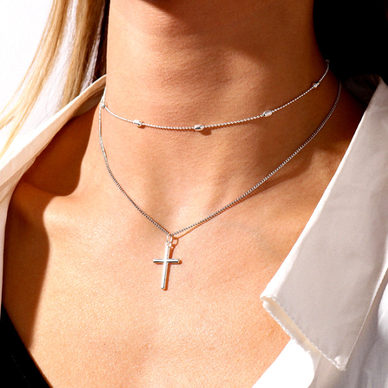 Stylish Cross Pendant Necklace with Geometric Layered Chain | Christian Jewelry