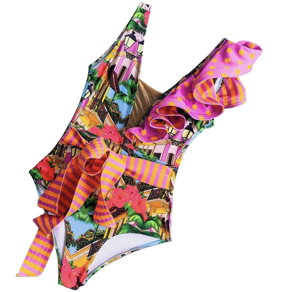 Tropical Print Ruffle One-Piece Swimsuit