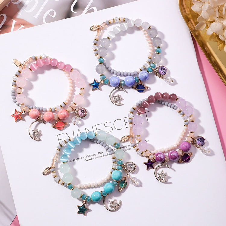 Multi-Layer Bracelet with Star, Moon, and Cat Eye Crystals