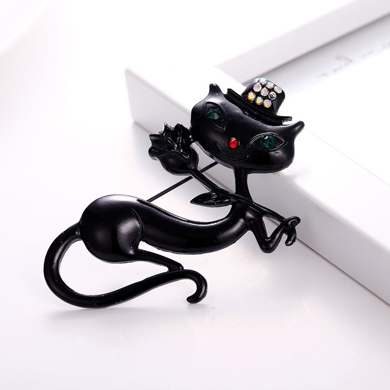 Stylish Korean Black Cat Brooch with Rose Design