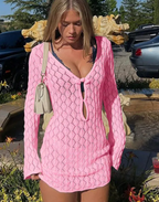 Knit Long-Sleeve V-Neck Beach Cover-Up Dress