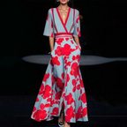 Summer V-Neck Floral Split Maxi Dress with Belt