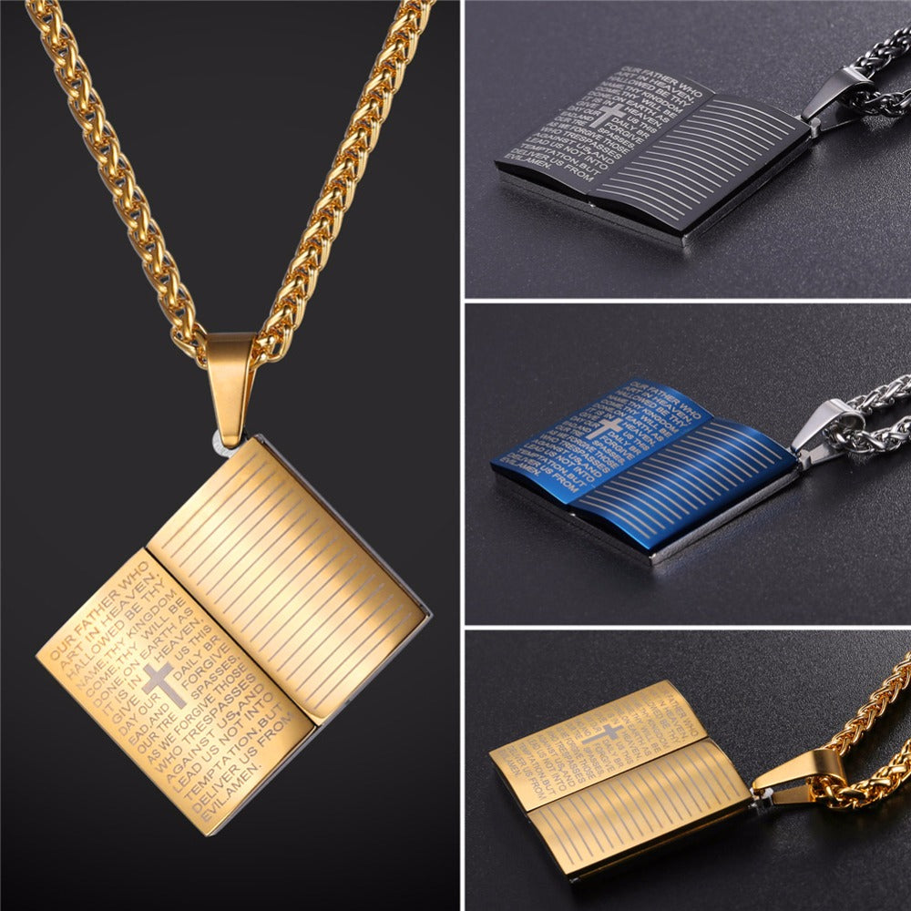Jesus Bible Pendant Necklace - Stainless Steel Christian Jewelry