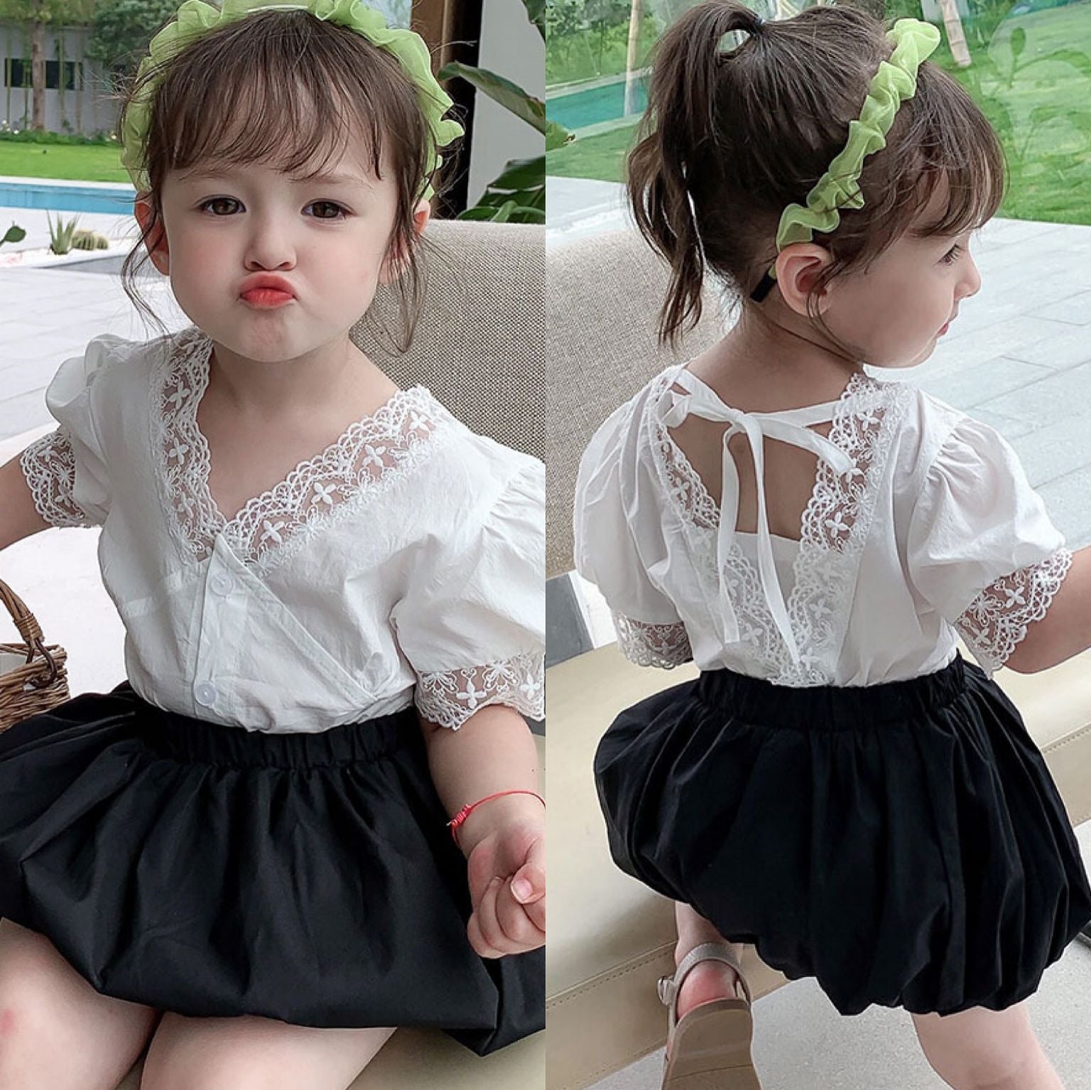 Girls' Summer Lace Top & Bubble Shorts Set (Ages 3-8)