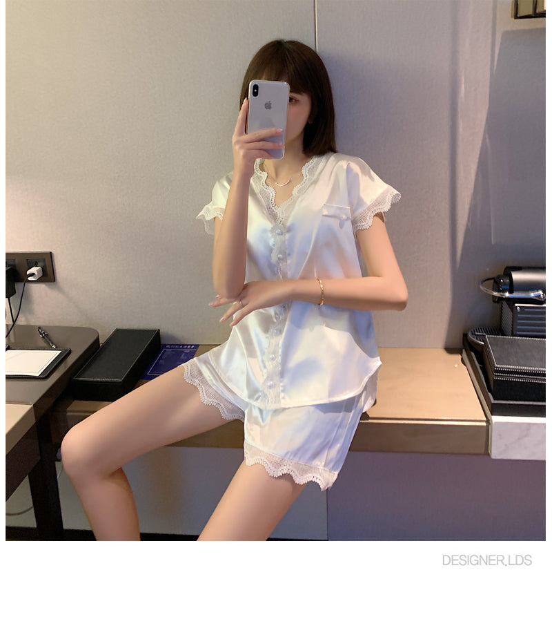 Women's Summer Lace Pajama Set - Short Sleeve & Shorts