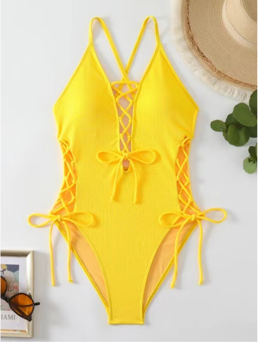 Women's Ribbed Lace-Up Plunge One-Piece Swimsuit