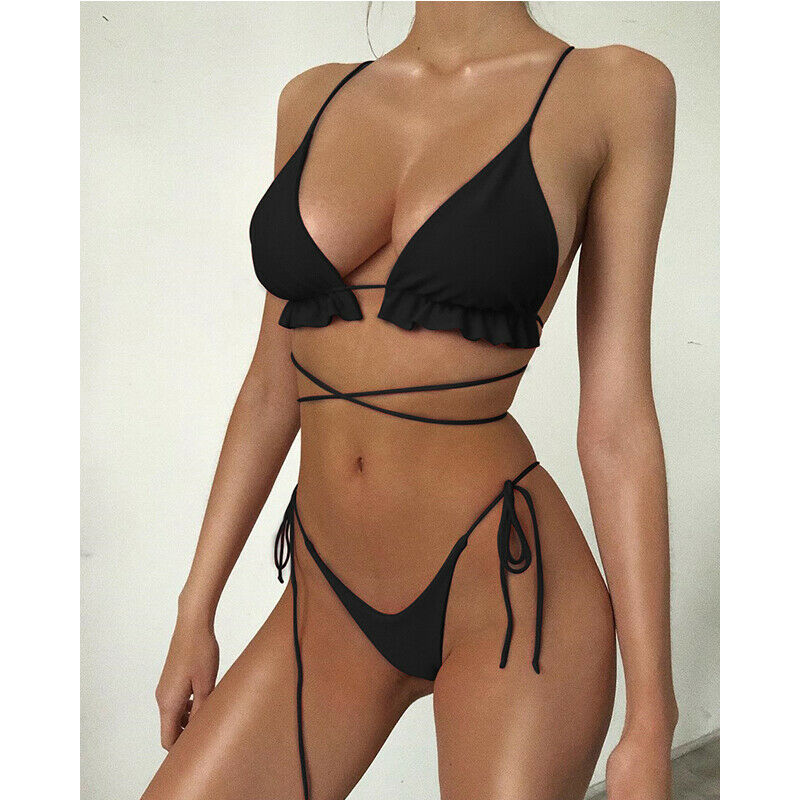 Ruffle Trim Lace-Up String Bikini Set