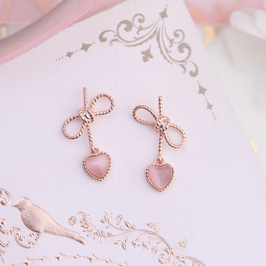Silver Pink Heart Cat Eye Bow Earrings for Women