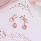 Silver Pink Heart Cat Eye Bow Earrings for Women