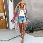 Floral Boho Chiffon Open-Front Beach Cover-Up Kimono