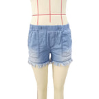 Women's Denim Shorts with Fringe and Elastic Waist