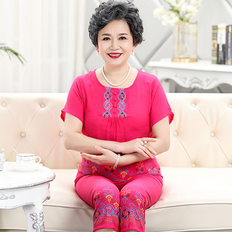 Cotton Linen Short Sleeve Set for Elderly Sleepwear