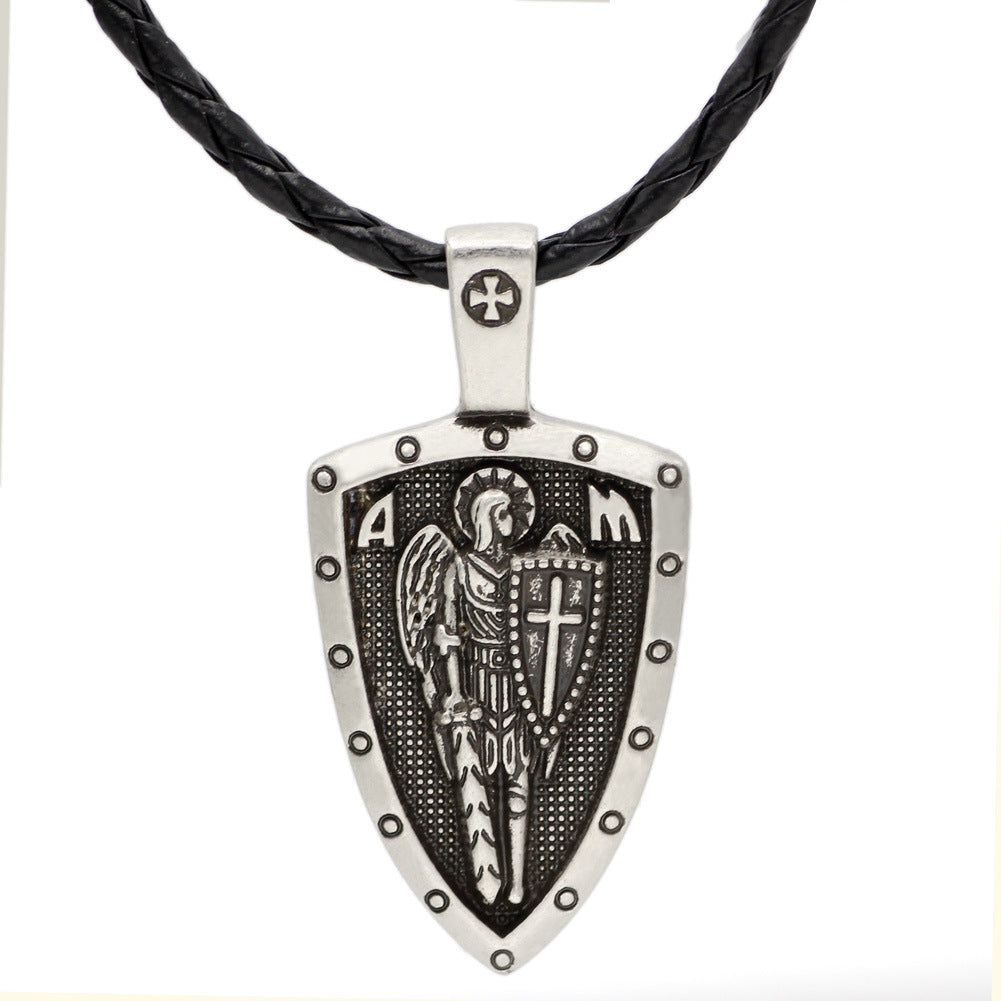 Retro Angel Medal Shield Cross Pendant Necklace for Men