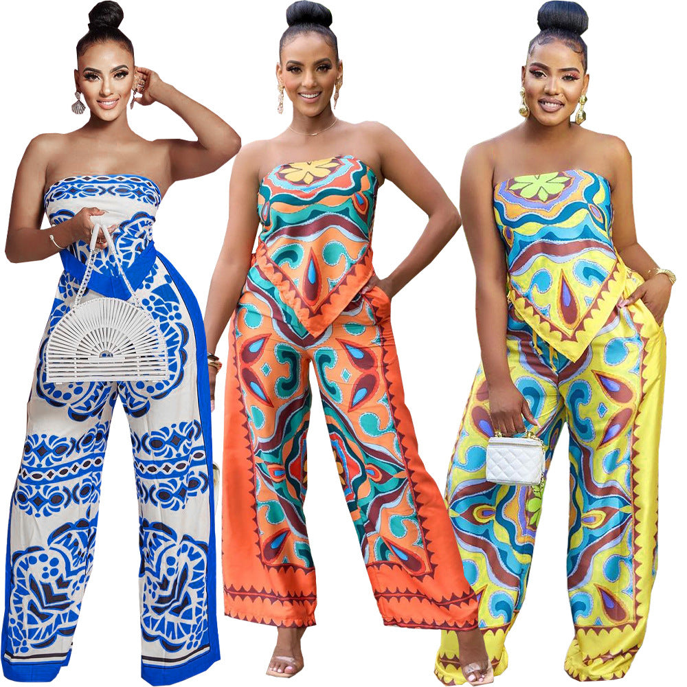 DN8718 Women's Fashion Print Tube Top & Pants Set