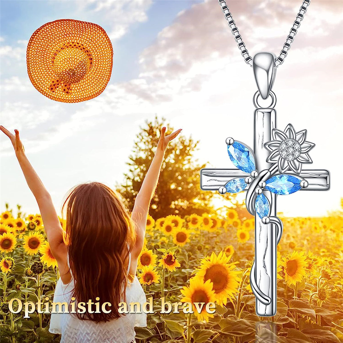 Blue Crystal Butterfly Sunflower Cross Pendant Necklace