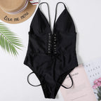 Black Lace-Up Plunge One-Piece Swimsuit