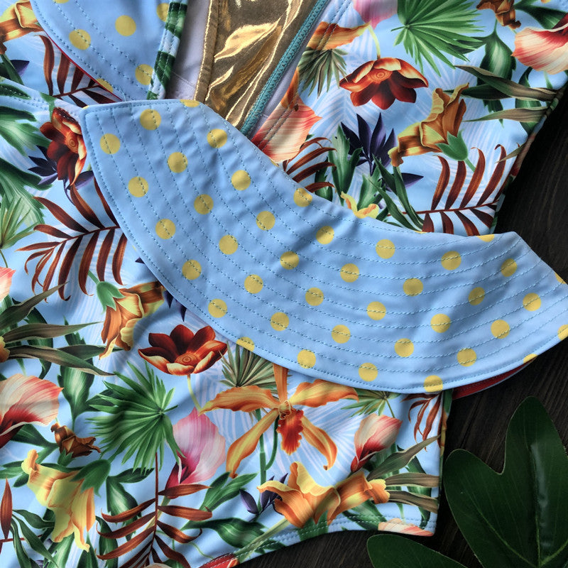 Tropical Bird Print Ruffle One-Piece Swimsuit