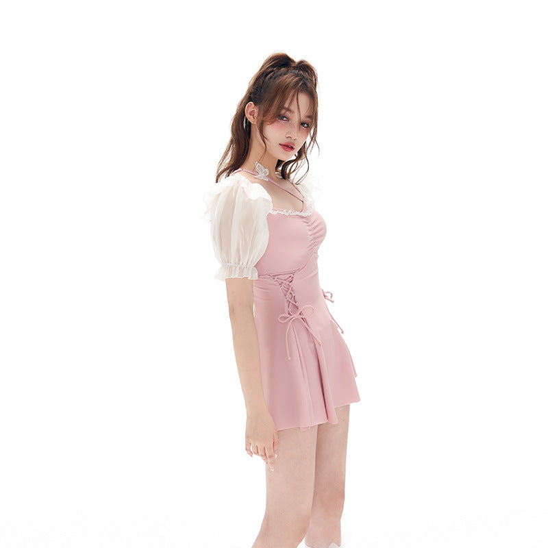 Pink Puff-Sleeve Lace-Up Skirted Swimdress