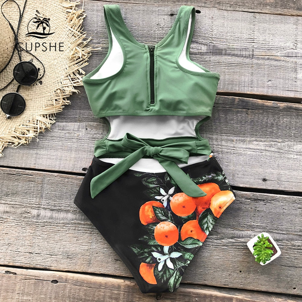 Striped Floral Cutout One-Piece Swimsuit
