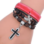 Leather Cross Bracelet with Beaded Design and Alloy Charm