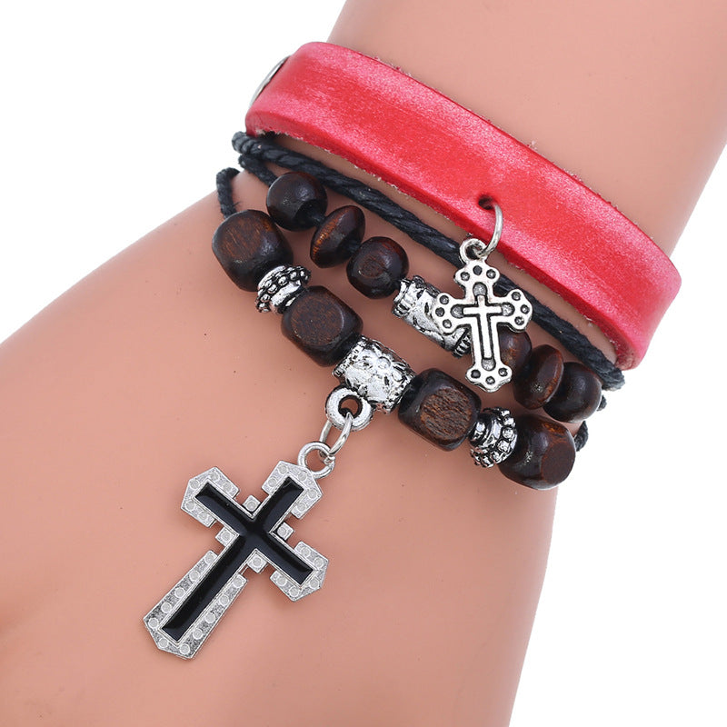 Leather Cross Bracelet with Beaded Design and Alloy Charm