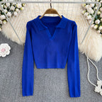 Slim Knitted Long Sleeve Turn Down Collar Crop Top