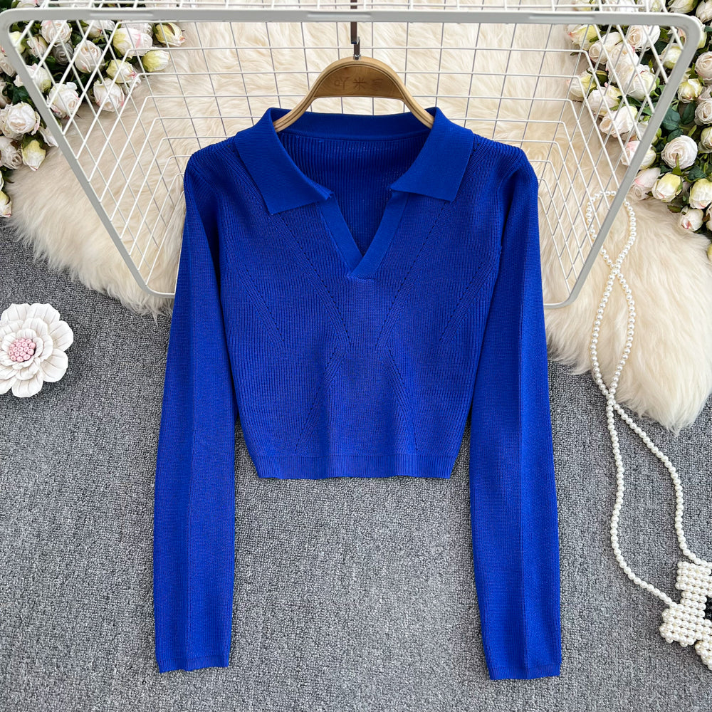 Slim Knitted Long Sleeve Turn Down Collar Crop Top