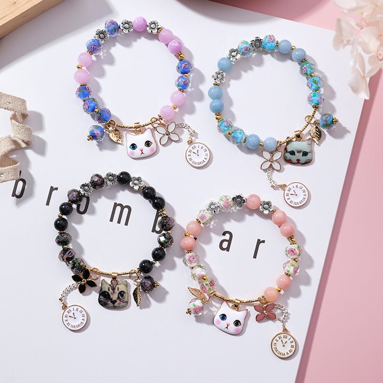 Glass Bead Bracelet with Cat Design