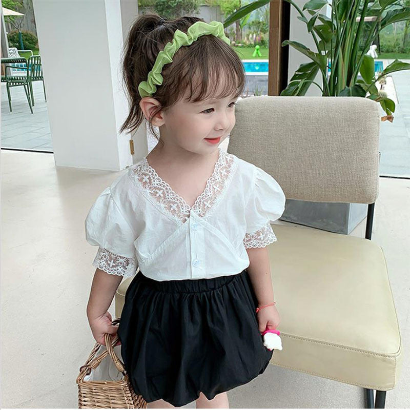 Girls' Summer Lace Top & Bubble Shorts Set (Ages 3-8)
