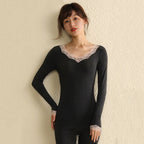 Wool Thermal Underwear Set for Women - Long Sleeve Lace