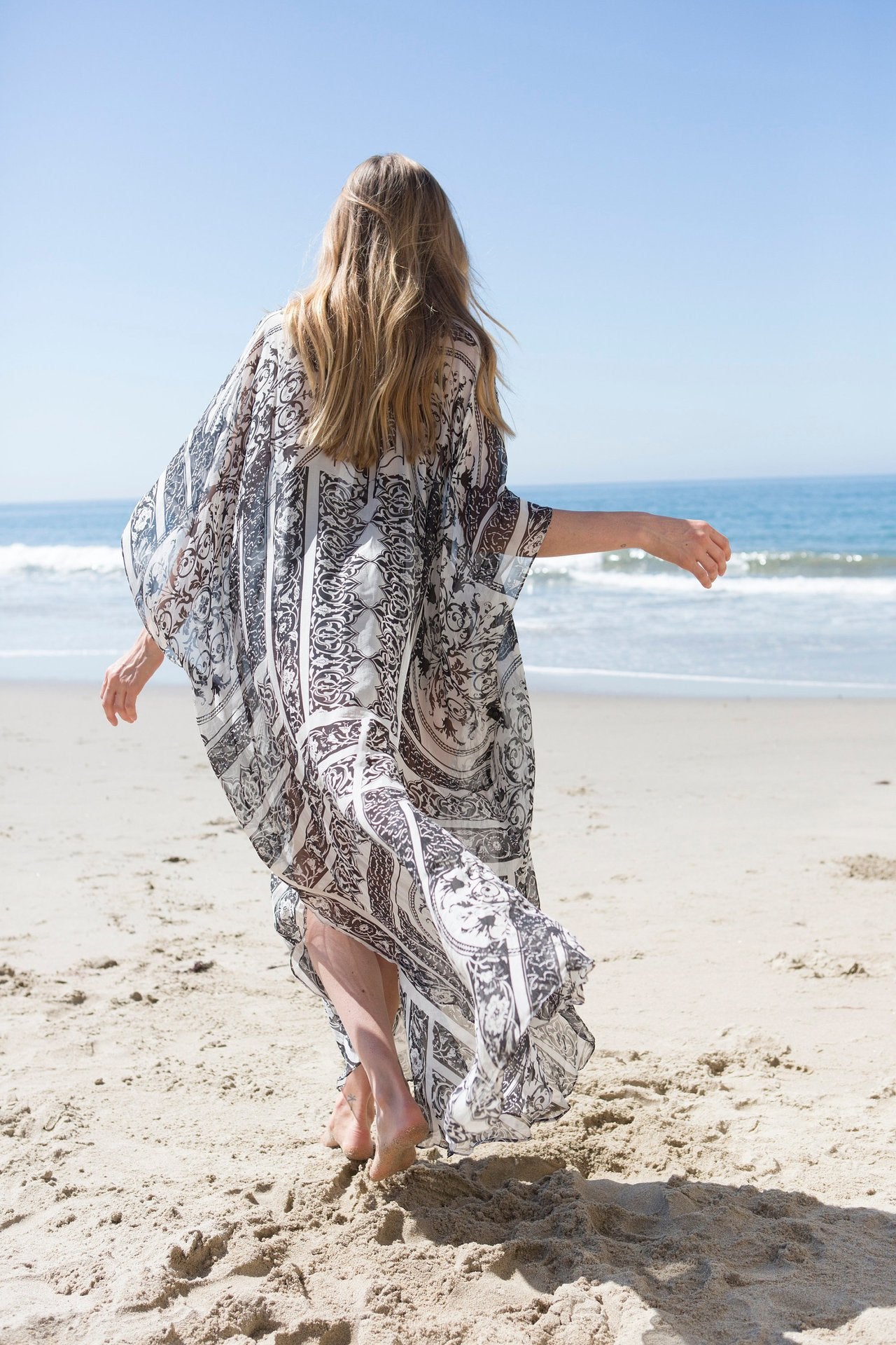 Damask Print Sheer Chiffon Kaftan Beach Cover-Up