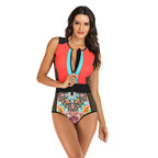 Colorblock Zip-Front Sleeveless Surf Swimsuit