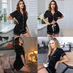 Women's Modal Button Lapel Striped Pajama Set (Short Sleeve & Shorts, European & American Style)