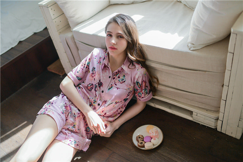 2019 Women's Summer Silk Pajama Set - Short Sleeve & Shorts