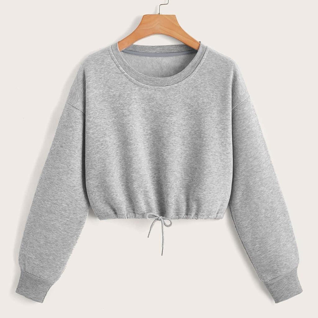 Trendy Women's Long Sleeve Crop Top with Drawstring Hem