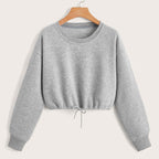 Trendy Women's Long Sleeve Crop Top with Drawstring Hem