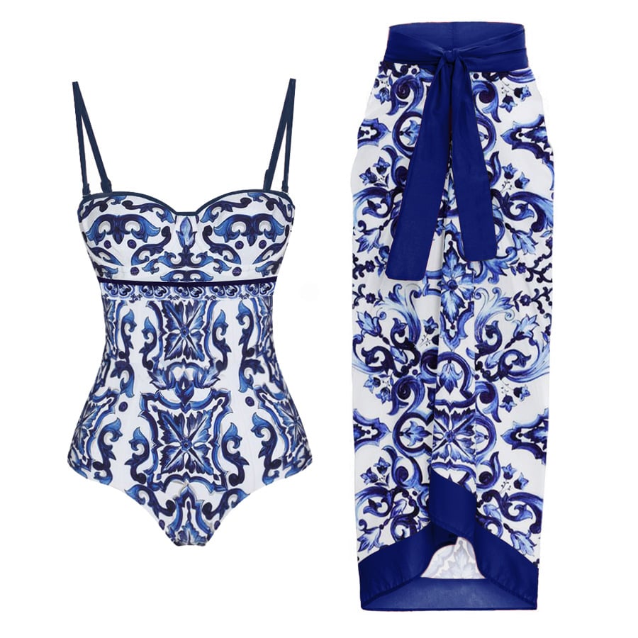 Blue and White Porcelain Print One-Piece Swimsuit with Sarong