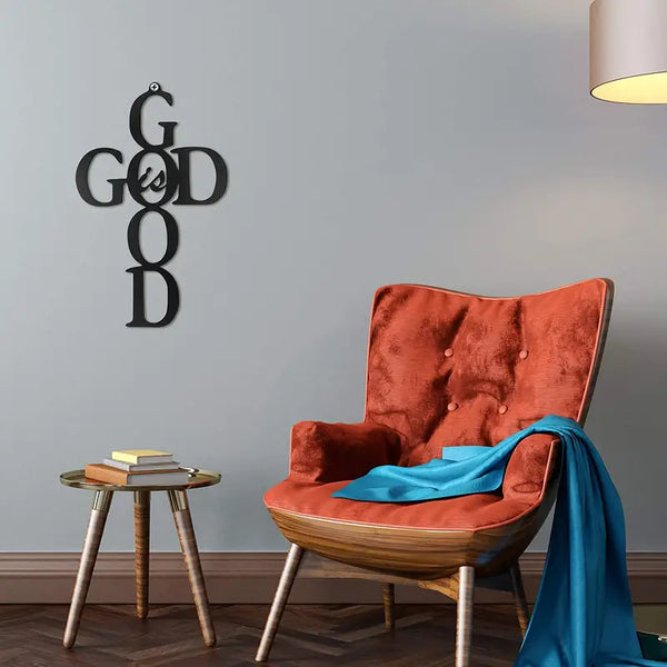 Cruz negra de metal para pared - Letrero decorativo "Dios es bueno"