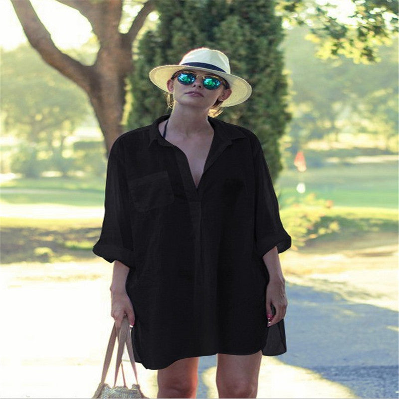 Loose Button-Up Beach Cover-Up Shirt