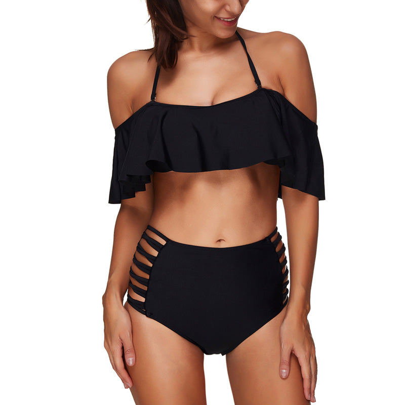 Off-Shoulder Ruffle High-Waist Two-Piece Swimsuit