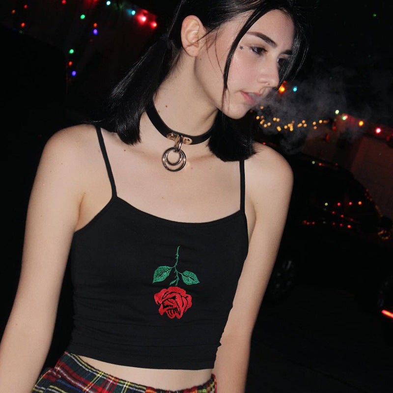 Embroidered Rose Crop Top Vest for Women