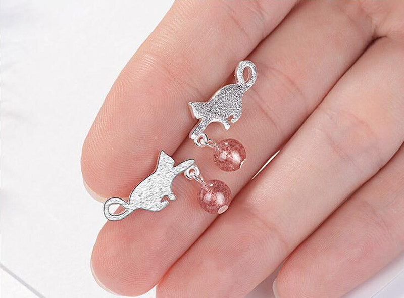 Silver Cat Tassel Stud Earrings with AAA Zircon