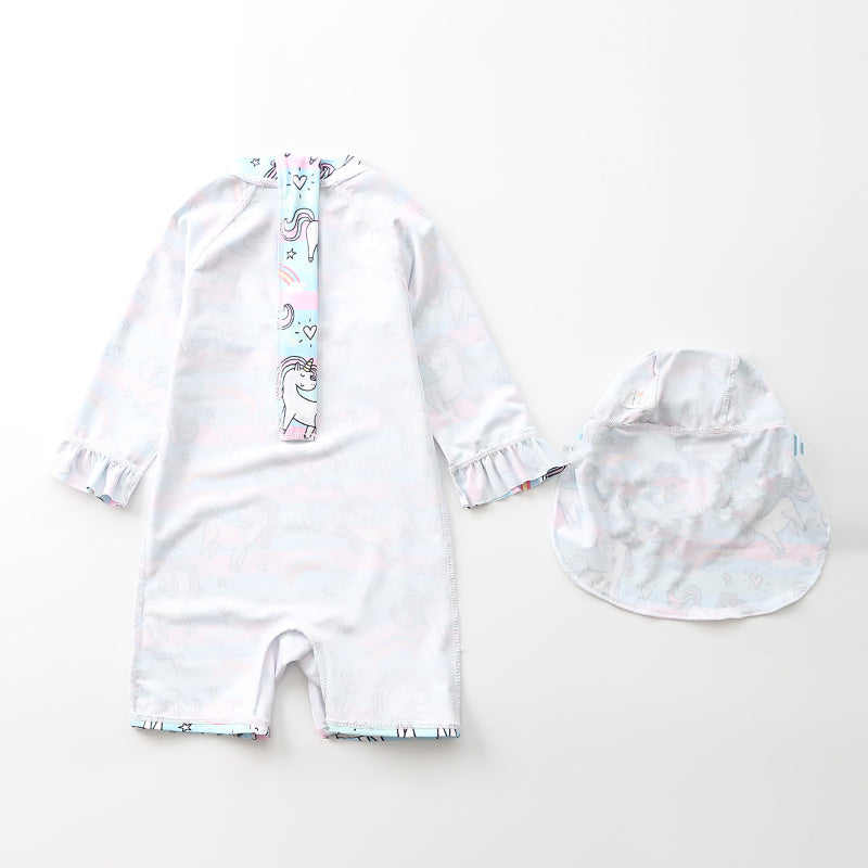 Girls Unicorn Rainbow Long-Sleeve Rash Guard Swimsuit with Cap