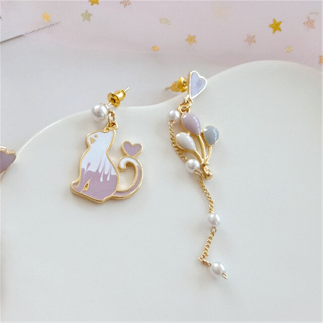 Korean Silver Cat Balloon Asymmetric Earrings