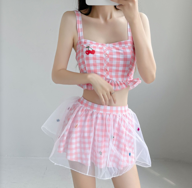 Blue Checkered Cherry Embroidered Lace Crop Top