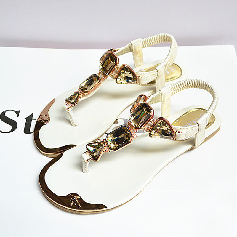Summer Flat Thong Sandals with Rhinestones and Strap