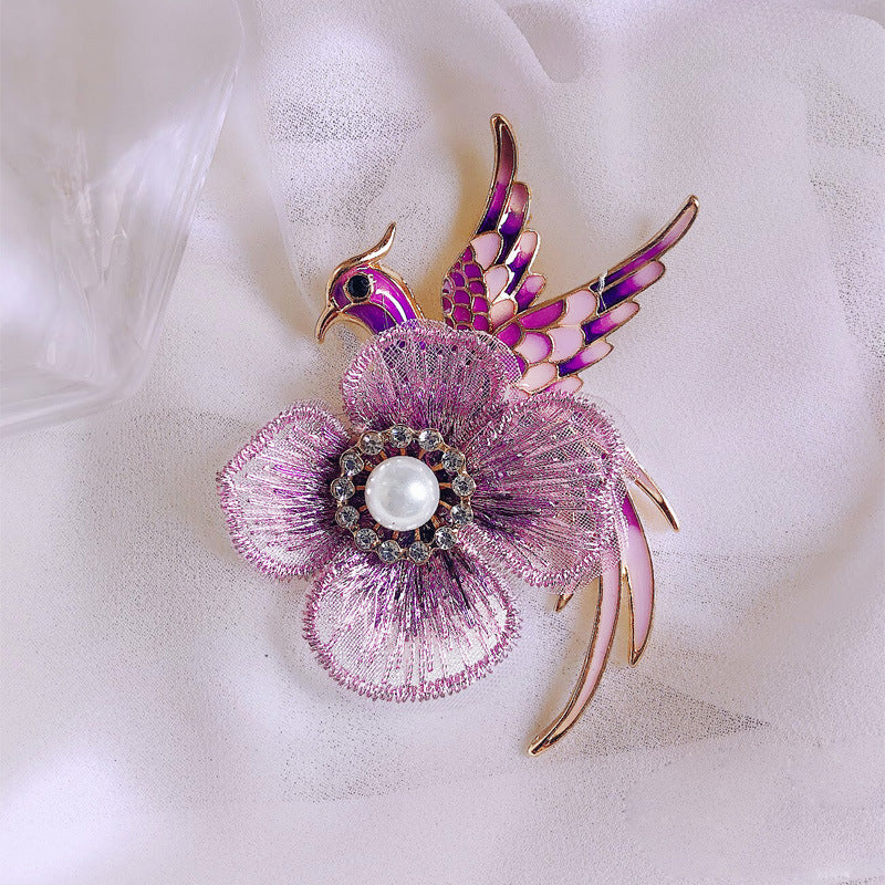 Creative Handmade Embroidered Brooch with Enamel Bird